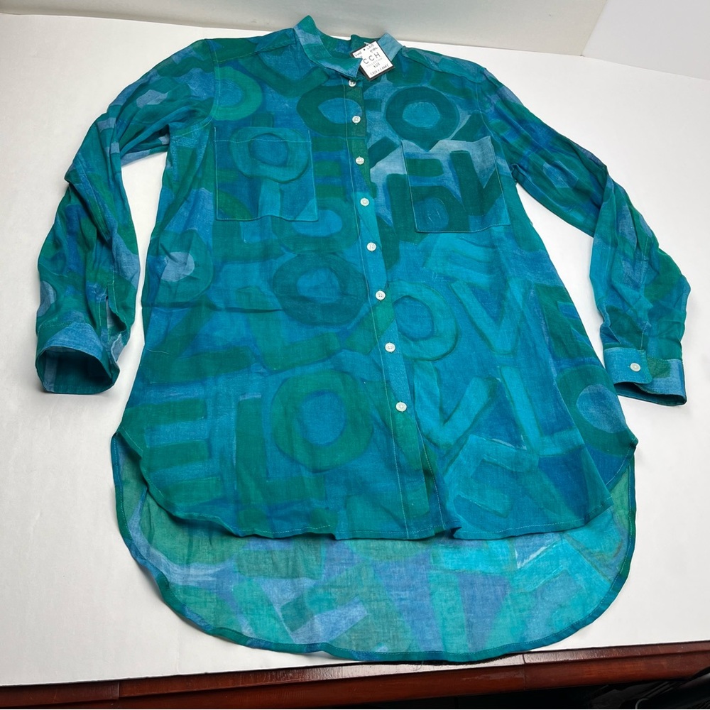 CCH‎ Collection Green Blue Teal Tunic Top Womens Medium Long Sleeve Shirt NEW